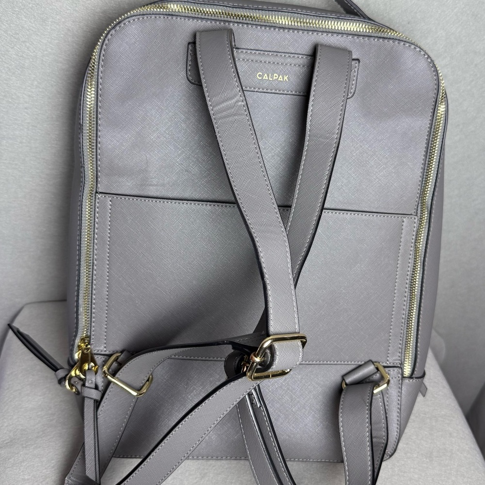 Calpak Womens Kaya Dark Gray Taupe Faux Leather Adjustable Strap Laptop Backpack - Picture 2 of 15